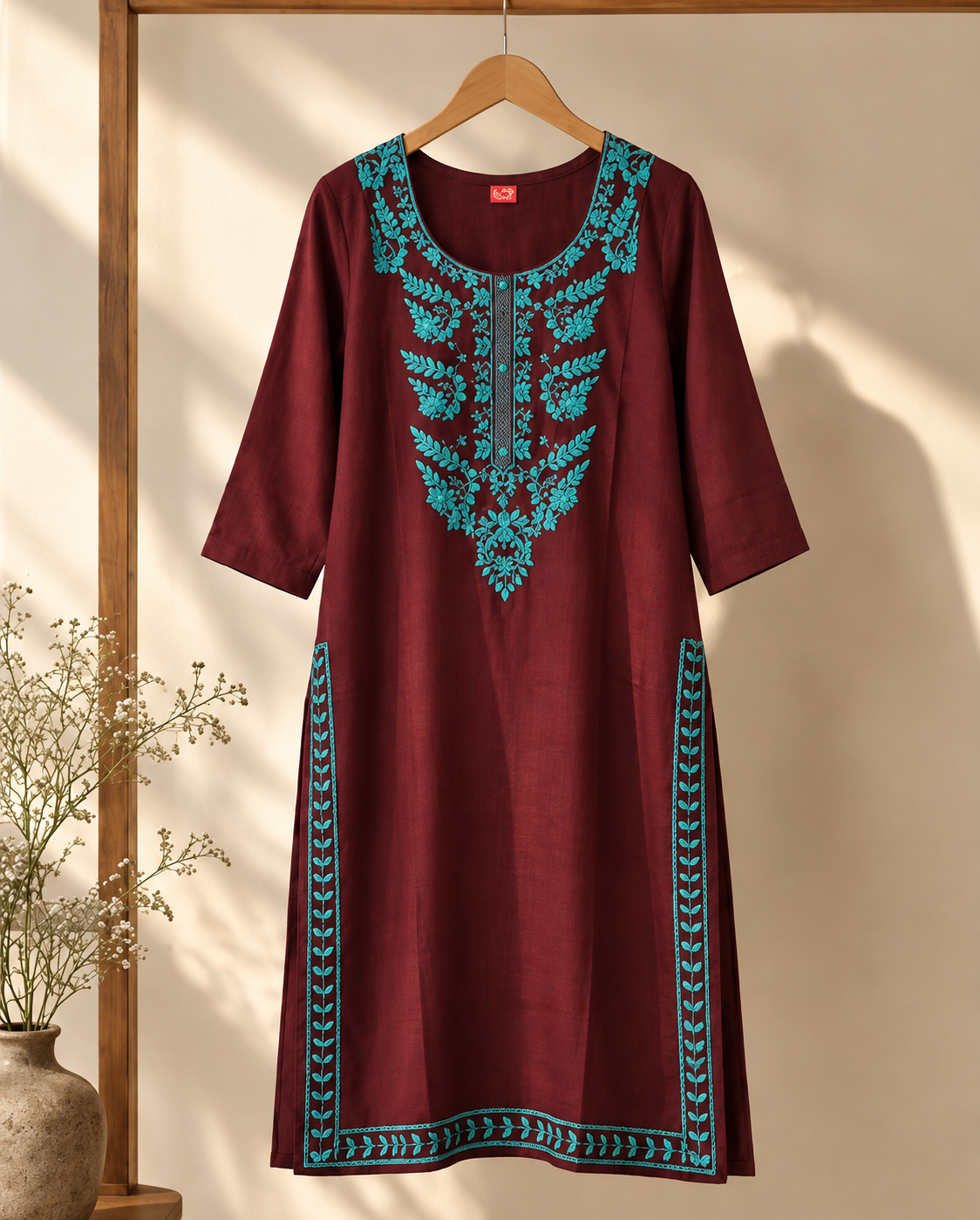 Wine Bloom Embroidered Cotton Kurti
