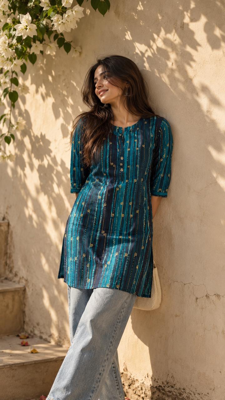 Midnight Teal Swirl Cotton Kurti
