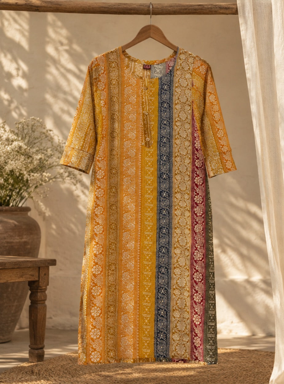 Noor Mustard Floral Cotton Kurti