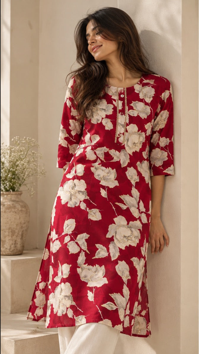 Ruby Bloom Floral Cotton Kurti