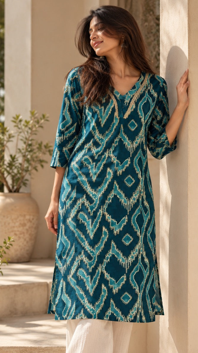 Teal Ikat Elegance Cotton Kurti