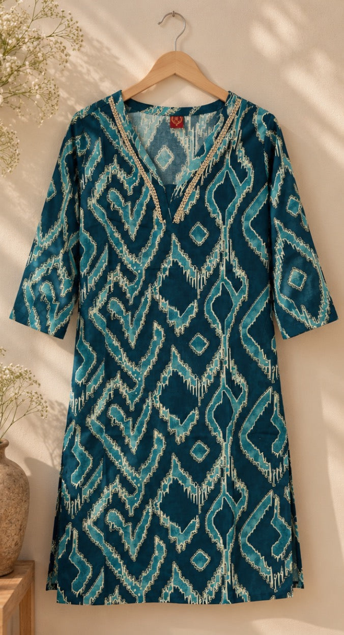 Teal Ikat Elegance Cotton Kurti