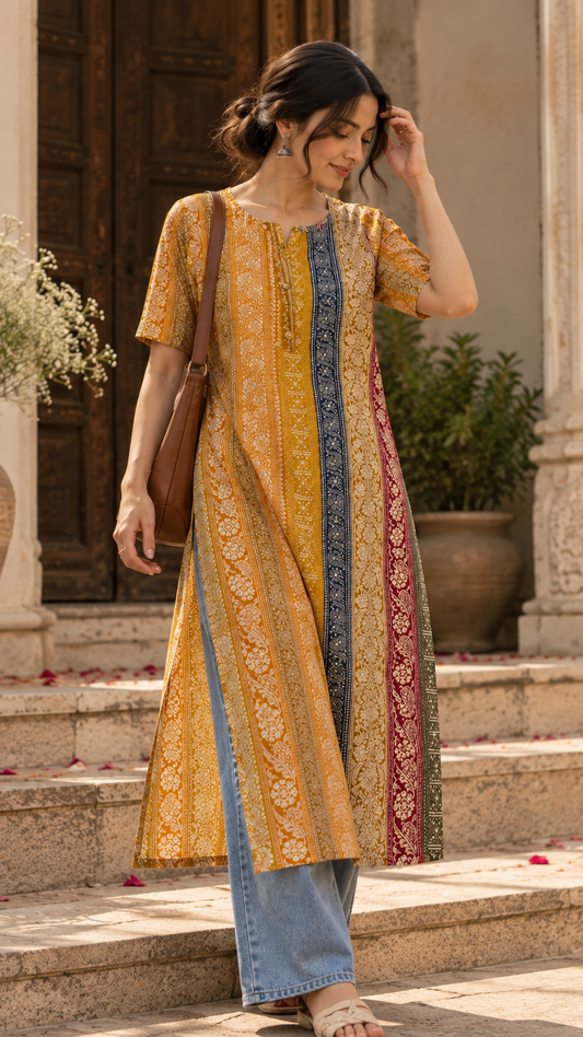Noor Mustard Floral Cotton Kurti