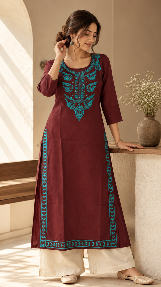 Wine Bloom Embroidered Cotton Kurti